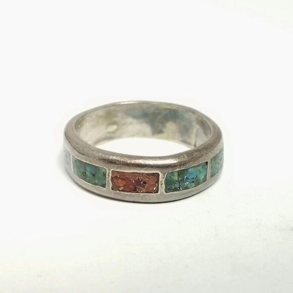Vintage Inlaid Silver Tone Band Ring, Tarnished, Blue Red, Stacking Size 6 - Picture 1 of 7